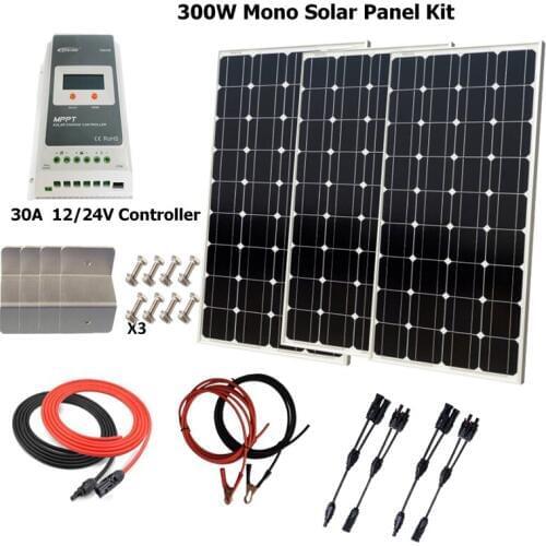 300W Solar Panel Kit:3 x 100W Mono Solar Panel W/ MPPT 30A Solar Controller for 12V battery Off Grid Solar System for RV home