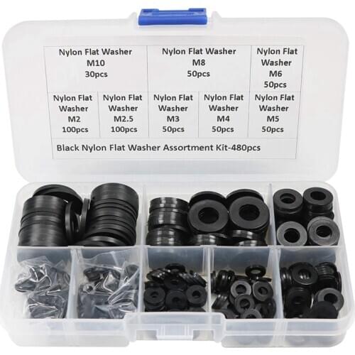 480 Pcs Nylon Flat Round Washers Gaskets Spacers Assortment Set for Screw Bolt(Black)