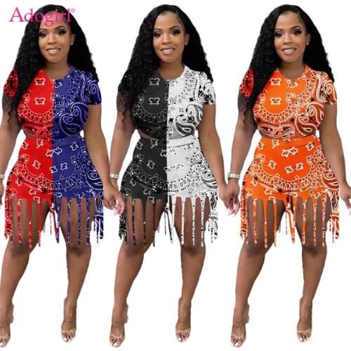 Adogirl Bandana Paisley Print Two Piece Set Women Casual Active Suit Short Sleeve T-shirt Crop Top Tassel Shorts Tracksuit
