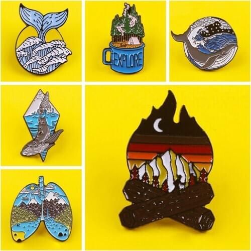 Wood Fire Stack Badges On Clothes Backpack Brooch Whale Ocean Wave Badge Fashion Denim Clothing Backpack Pendant Gifts Jewelry