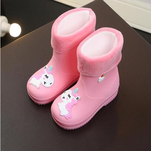 New Kids Rain Boots For Girls Rubber Rainboot Boys Baby Girls PVC Warm Children Waterproof Shoes Modis Cartoon Unicorn Removable