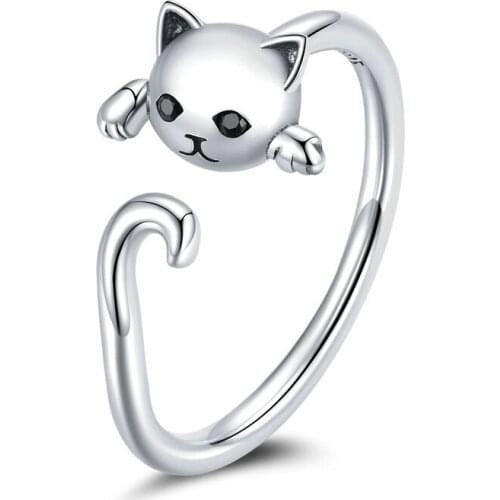 EAMTI Retro Cute Cat S925 Silver Open Ring Japan and South Korea Simple To Send Girlfriend Personality Creative Tail Ring