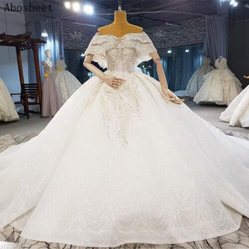 Elegant Ivory Wedding Dress 2021 Off Shoulder Plus Size Bridal Gown 200CM Cathedral Train Fancy Beading Puffy Buttom Lace Up