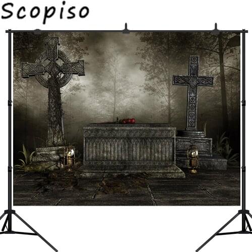 Scopiso Halloween Photo Backdrop Night Cemetery Graveyard Cross Red Rose Photography Background Photoshoot Photo Studio Prop