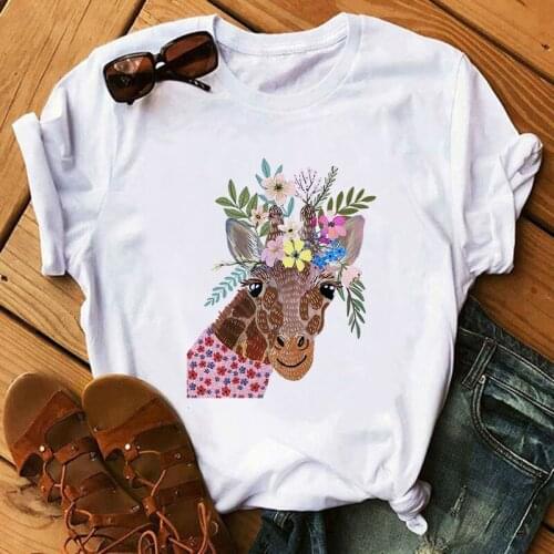 Flower and animal print T-shirt ladies summer cartoon womens short-sleeved fashion female Harajuku graphic T-shirt