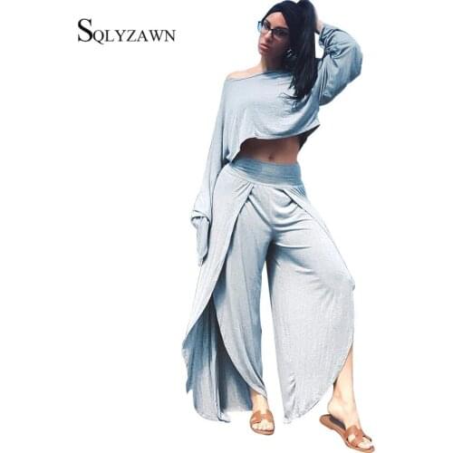 Fashion Two Piece Matching Sets Womens Sexy One Shoulder Long Sleeve Solid Casual High Split Pants Tracksuit Dancer Outfits