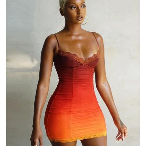 Trendy Gradient Color Bodycon Womens Mini Dress Sexy Lace Party Clubwear 2021 Shoulder Straps Casual Street Clother Sundress