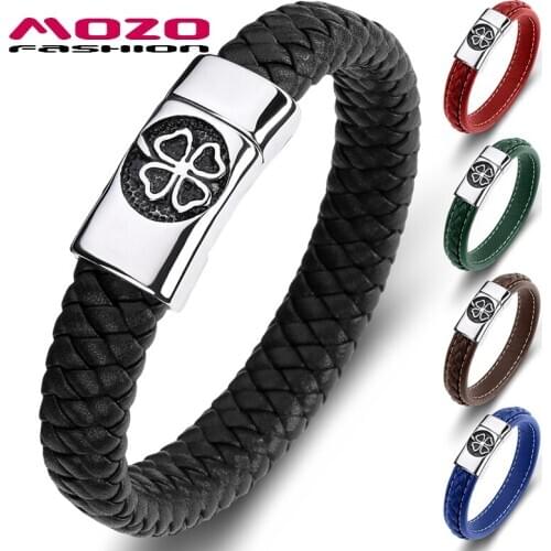MOZO FASHION Wholesale Price Popular Men Multi Color Leather Stainless Steel High Quality Four-Leaf Grass Jewelry 076