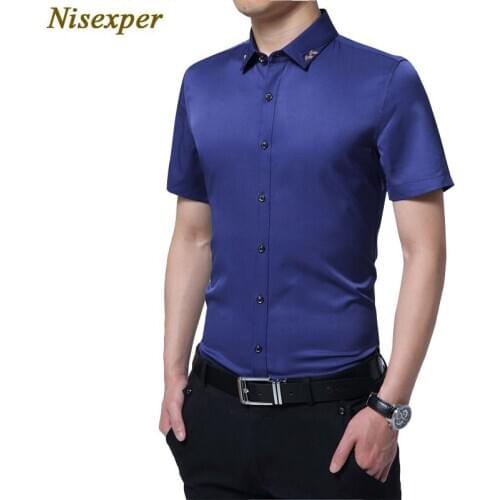 Nisexper 2020 Men Fashion Man Casual Short Sleeve Slim Fit Good Quality Solid Male Social Mens Shirt Plus Size 5XL