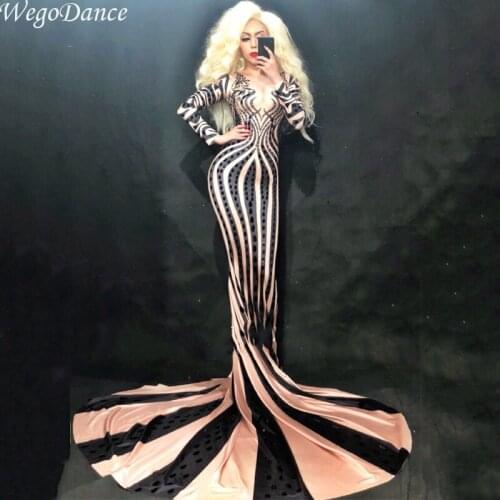 New sexy Sparkly Rhinestones Long Dress Evening show singer dancer Costume for woman freeshipping
