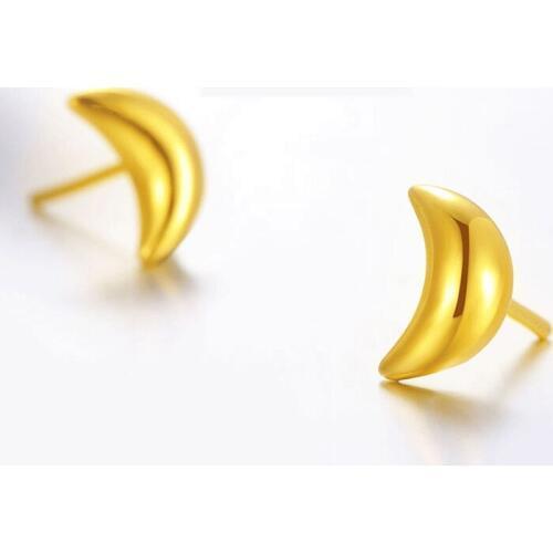 Solid 999 24K Yellow Gold Moon Stud Earrings Women Earrings 1.65g