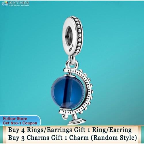 Ahthen 925 Sterling Silver Beads Blue Globe Dangle Charm fit Original Pandora Bracelets for Women Jewelry Making DIY Charms
