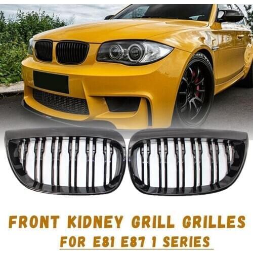 Front Kidney Double Line Grille Sport Grill Replacement For-BMW E81 E87 E88 1 Series 2004-2007 GLOSS BLACK