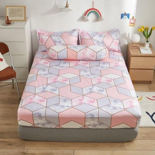 Twin Full Size Bed Sheet With Elastic Pink Color Plaid Mattress Cover For Single Bed Geometric Style Fitted Sheets(No Pillowcase