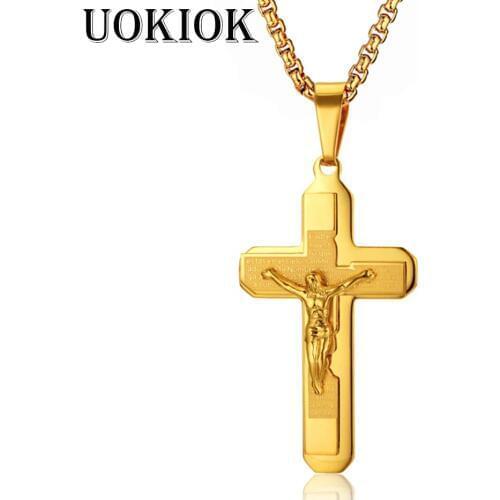 Religious Jesus Cross Necklace for Men New Fashion Gold Stainless Steel Cross Pendent with Chain Necklace Jewelry Gifts for Men