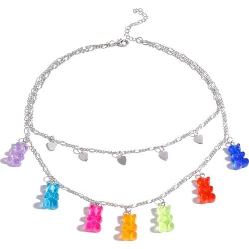 Gummy Resin Bear Heart Pendants Necklace Colorful for Women Double Layer Collare Choker Necklaces Party Jewelry