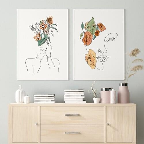 Modern Abstract Figure Line Art Picture Nordic Canvas Painting Wall Art Color Leaves for Living Room Home Decor Poster and Print