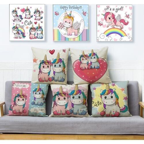 Super Cute Cartoon Unicorn Print Cushion Cover 45*45cm Beige Linen Pillow Covers Throw Pillows Cases Sofa Home Decor Pillowcase
