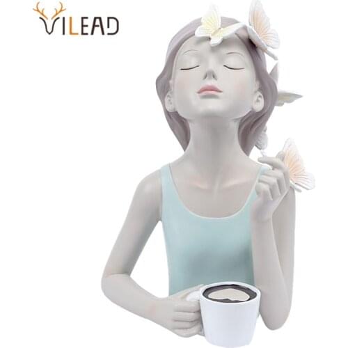 VILEAD Resin Craft Coffee Girl Statue Living Room Bedroom Desktop Decoration Office Cafe Ornaments Nordic Home Interior Decor