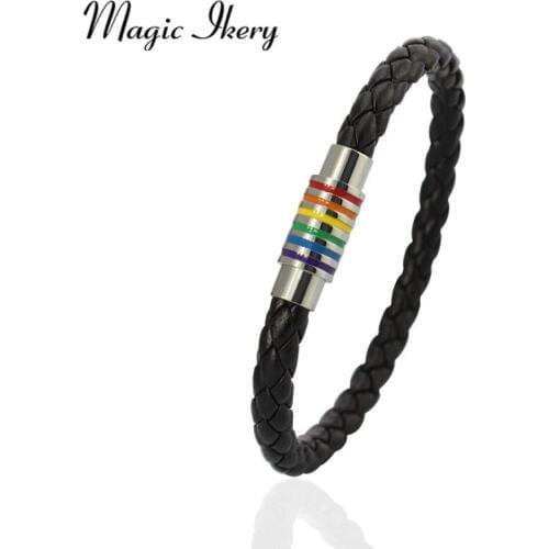Magic Ikery Titanium steel magnet buckle rainbow weave PU gay cabochon tray bangles bracelets Fashion Jewelry for women MKPB-004