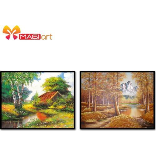 Cross stitch kits Embroidery needlework sets 11CT water soluble canvas patterns 14CT Landscape painting Forest scenery-NCMS027