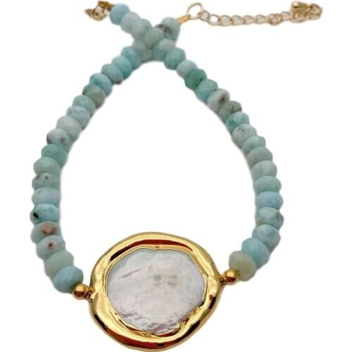 YYGEM natural Cultured White Coin freshwater Pearl Natural Blue Larimar faceted rondelle strand Bracelet 8"