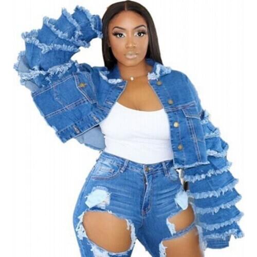 Pocket Denim Jacket For Women Flare Sleeve Short Denim Jacket Outwear Autumn Fashion Streetwear Cascading Ruffles Patchwork Coat