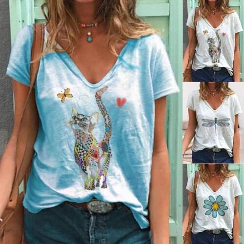 New 2020 Women Summer Loose T Shirt Casual V Neck Short Sleeve Marguerite Dragonfly Print Loose T-shirt Blouse Plus Size M-3XL