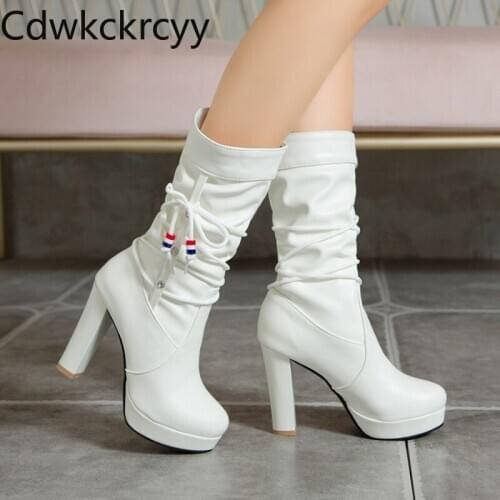 Winter The New fashion Round head Thick bottom High heels Martin boots black white Pink sweet High heels Women boots size 34-43