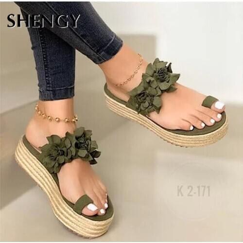 2020 SHENGY Women Summer Beach Sandals Mid Heels Wedges Shoes Woman Flip Flowers Sandalias Slippers Slides