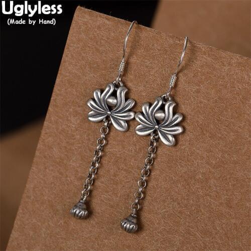 Uglyless Saint Thai Silver Lotus Earrings for Women 925 Sterling Silver Flower Lotus Buds Tassels Earrings Retro Dress Jewelry