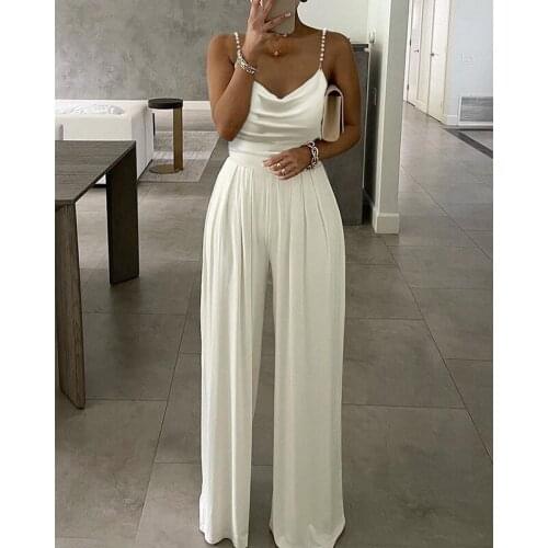 Ordifree 2021 Summer Women Sexy Jumpsuits Rompers Wide Leg Pants Club Wear White Jumpsuit