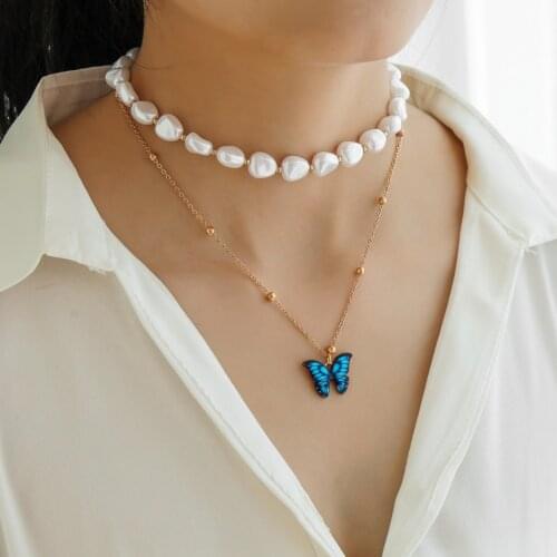 New Butterfly Pearl Necklace for Women Double Layer Irregular Shaped Pearl Clavicle Chain Pendant Beach Holiday Jewelry Gifts