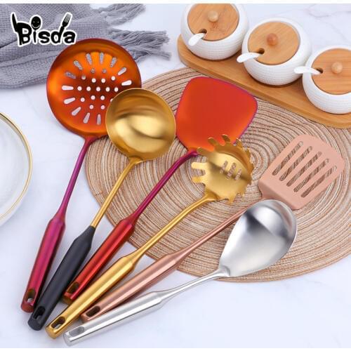 7 Pcs/Set Kitchen Utensil Cooking Tool Stainless Steel Slotted Turner Long Handle Ladle Skimmer Gold Food Server Kitchenware Set