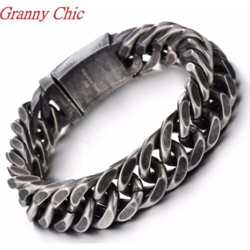 Granny Chic New Mens Black Color Link Chain Bracelets 21.5cm 13/15mm Width Stainless Steel Curb Cuban Bracelet Jewelry Gift