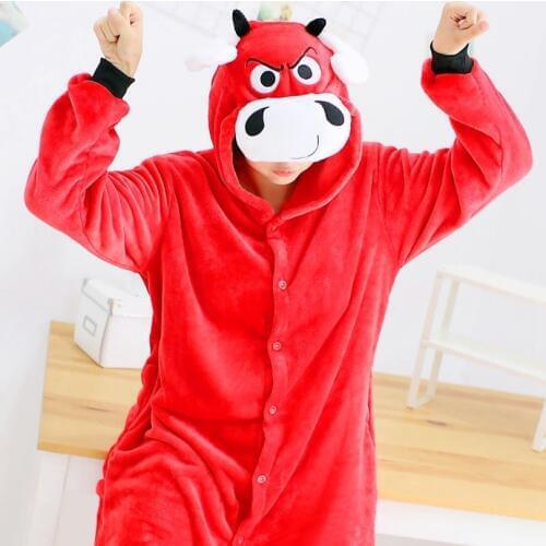 OX Bull Kigurumi Onesie Adult Women Animal Pajamas Suit Flannel Warm Soft Sleepwear Onepiece Winter Warm Pijama Cosplay