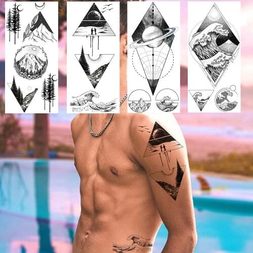 Geometric Temporary Tattoos For Kids Men Mountain Tree River Triangle Black Tattoo Sticker Planet Moon Body Arm Fake Tatoos