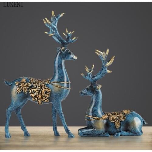 RESIN CRAFTS ORNAMENTS EUROPEAN STYLE ORNAMENTS STANDING AND PRONE POSITION INLAID WITH PRECIOUS BEADS COUPLE DEER ORNAMENTS