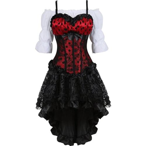 Corset 3 Piece Outfits for Women Steampunk Polkdot Lace Bustiers Carnival Dance Party Costume with Skirt and White Blouse Set