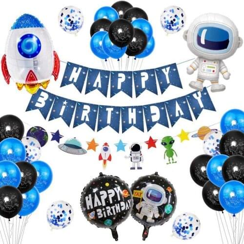 Space Theme Party Suit Space Pull Flag Birthday Banners Rocket Aluminum Balloon Baby Birthday Decoration Supplies