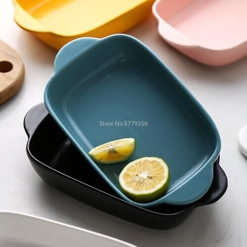 Creative Binaural Ceramic Cheese Baked Rice Baking Bakeware Plate Simple Square Household Bowl Plate Plate Nordic Tableware