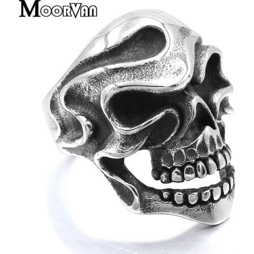 Moorvan New fashion mens black silver color stainless steel skull rings gothic punk style