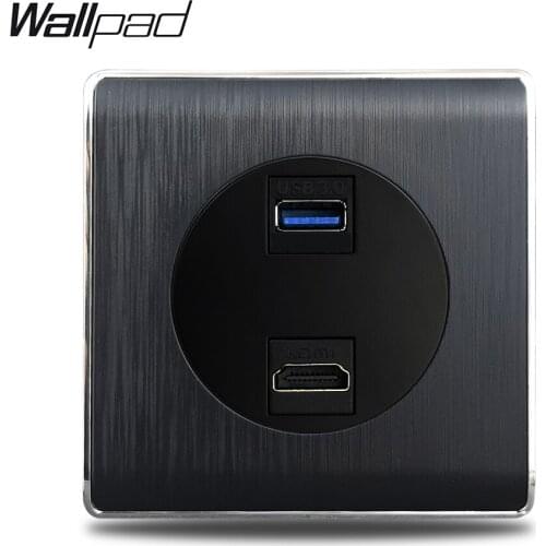 HDMI USB3.0 Outlet Wallpad Satin Black Plastic PC Frame HDMI USB 3.0 Cabel Data Sharing Wall Socket