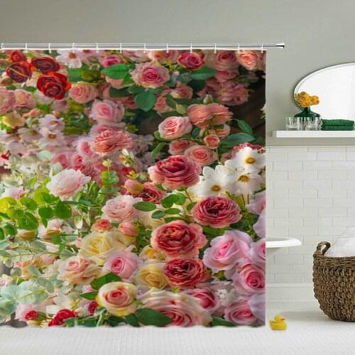 Romantic Flower Shower Curtain Rose Green Leaf Woman Luxury Bathroom Decor Bath Screen Waterproof Fabric Curtains Set With Hooks