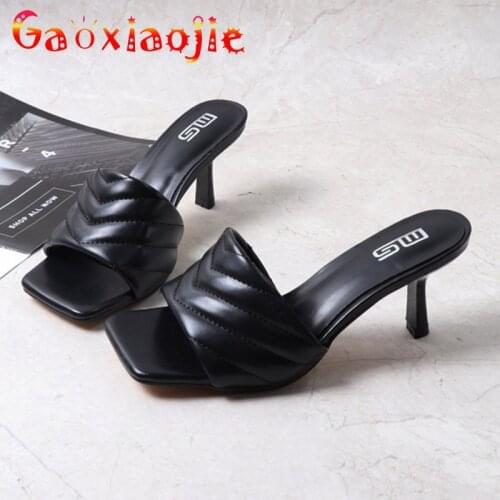 Gaoxiaojie Fashion Women Concise Slippers Comfort Microfiber Square Toe Slip On Slides Sandals Summer 7CM Office High Heel Shoes