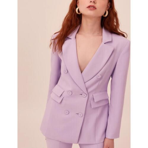 Light Purple Double Breasted Notch Lapel Stylish Office Lady Womens Suit For Work Slim Fit Casual Jacket Blazer Pants