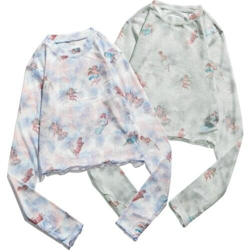 Spring and Summer Long Sleeve Perspective Blouse Trend Cartoon Print Sun Proof Korean Version Small Fresh T-shirt Womens Top