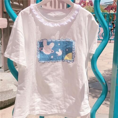 Japanese Kawaii tshirt Women Summer Tops Teen Soft Girl Lolita Lace Cute Bunny Graphic Tees White Pink Sweet Femme T shirts