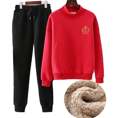 Zerlos Lamb velvet thick hoodies sweatshirt+pants two piece set women winter suits loose plus velvet casual warm hoodies suits