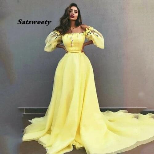 Yellow Off The Shoulder Prom Dresses Puff Sleeve With Flowers Formal Evening Party Gowns vestidos de festa longo 2021